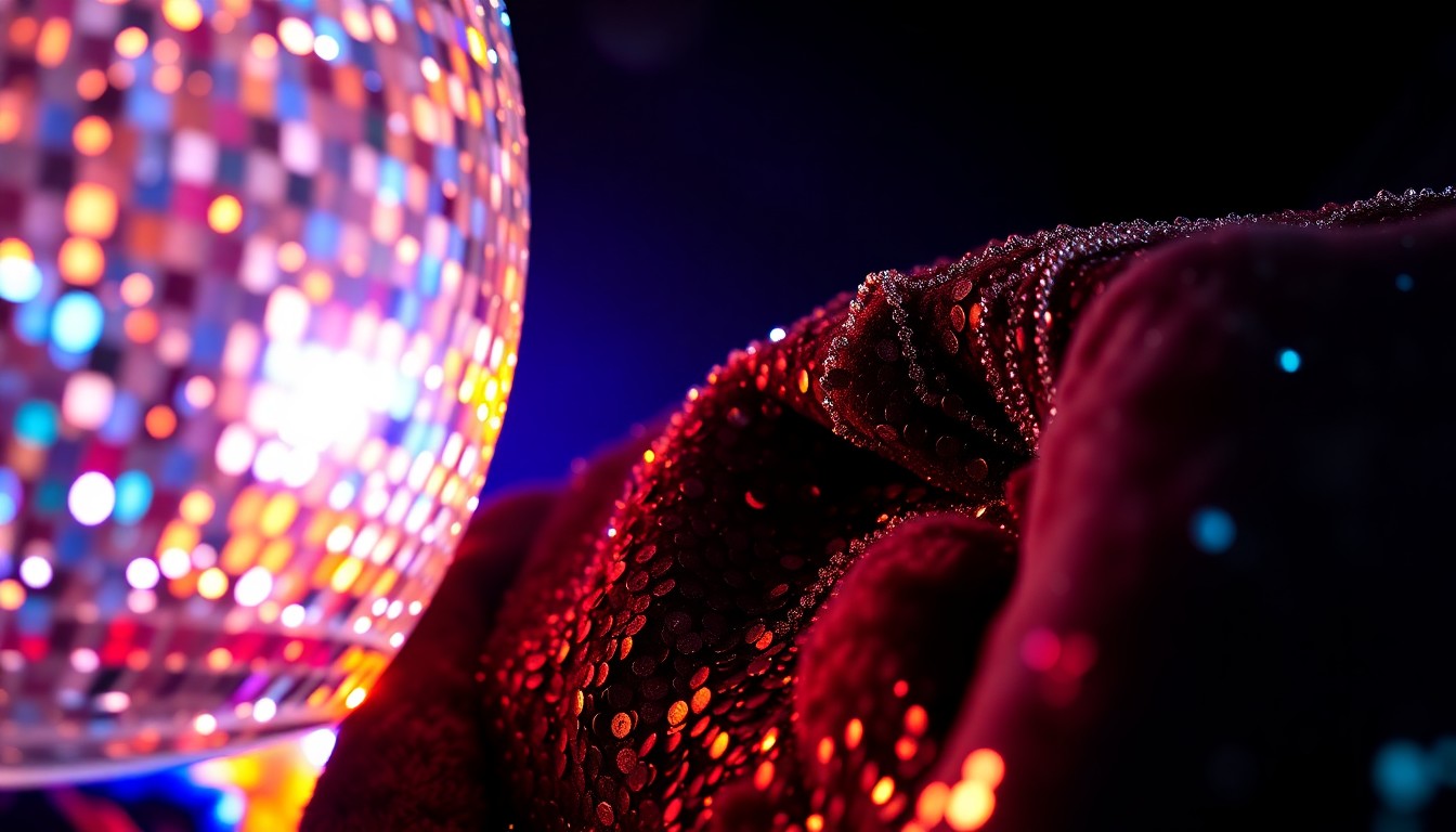 An extreme close-up photograph showcasing the luxurious textures of glittering sequins, shimmering disco glass, and plush velvet, capturing the glamorous atmosphere of a live music event through dramatic studio lighting and abstract, high-contrast composition.