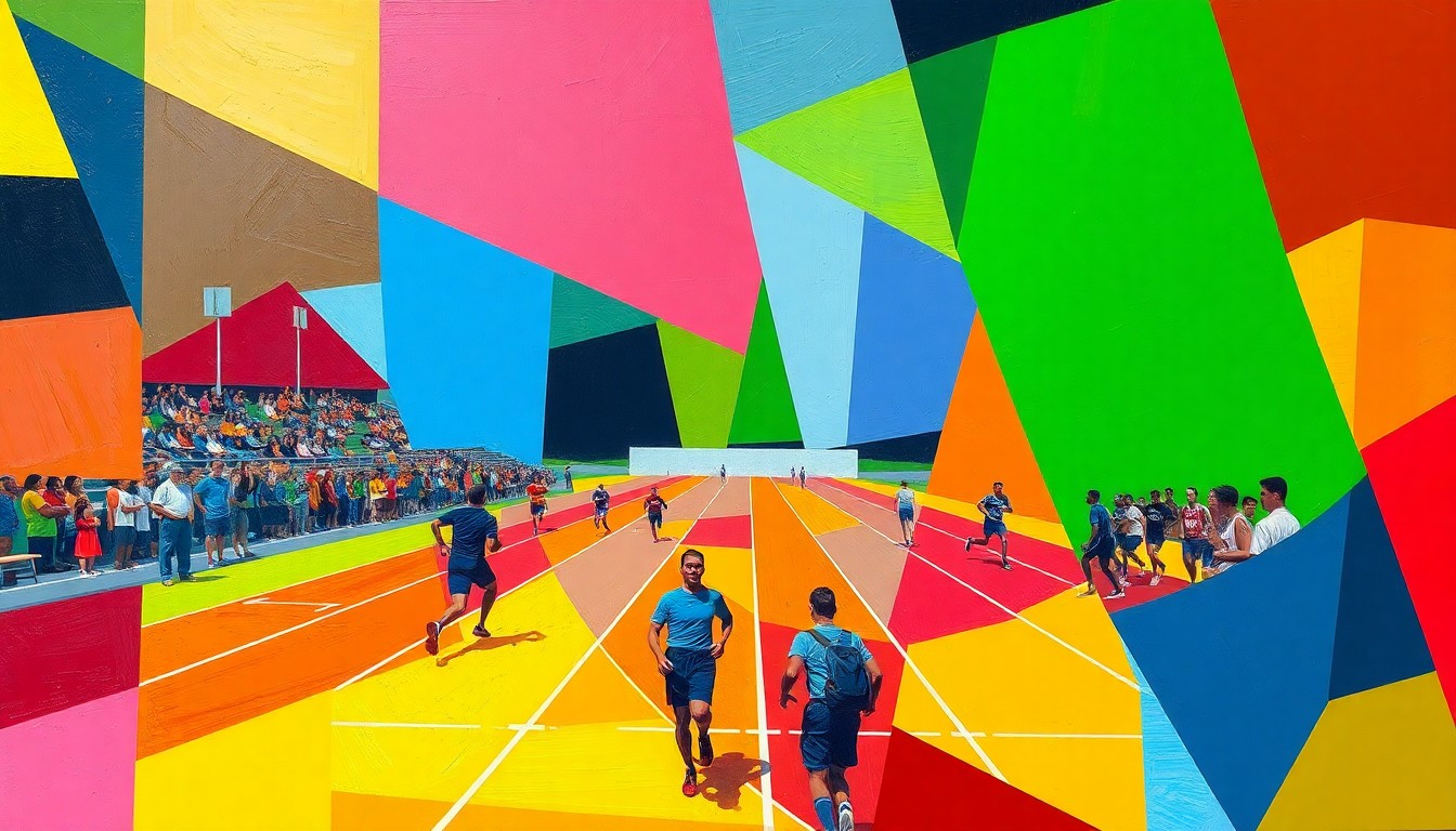 A fractured, cubist-style painting depicting various track and field events and athletes in a kaleidoscope of bright, intersecting geometric shapes and planes, conveying the dynamic energy and competition of a high school track meet.