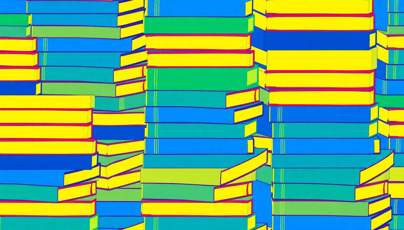 A vibrant, pop art-inspired grid of stylized school books in shades of blue, green, and yellow, conceptually representing the shift to a four-day school week in the Jerome School District.