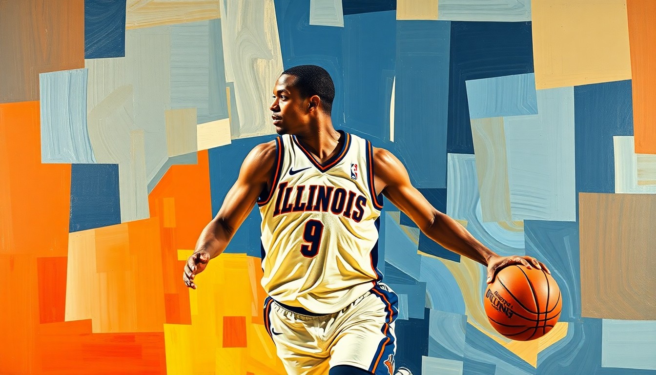 A cubist, geometric painting depicting an Illinois basketball player in motion, with sharp planes of color and form abstracting their features and movements.
