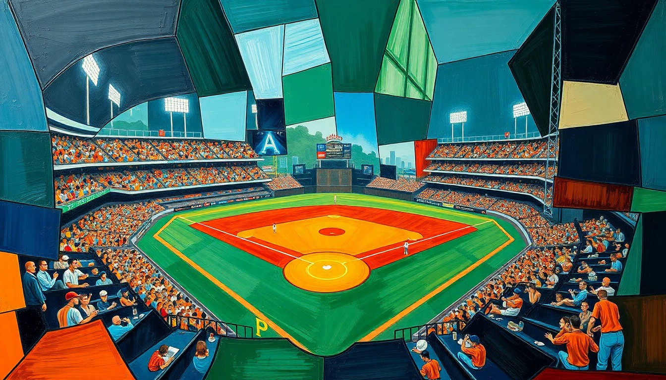A fractured, geometric painting in vibrant navy, green, and orange hues, depicting the dynamic motion and emotion of a baseball game through overlapping angular shapes and planes.