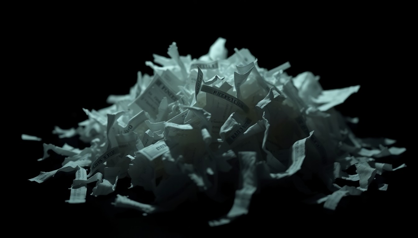 An extreme close-up photograph of a shredded financial document or crumpled receipt, capturing the stark, gritty, and investigative nature of the embezzlement scandals plaguing Peoria.