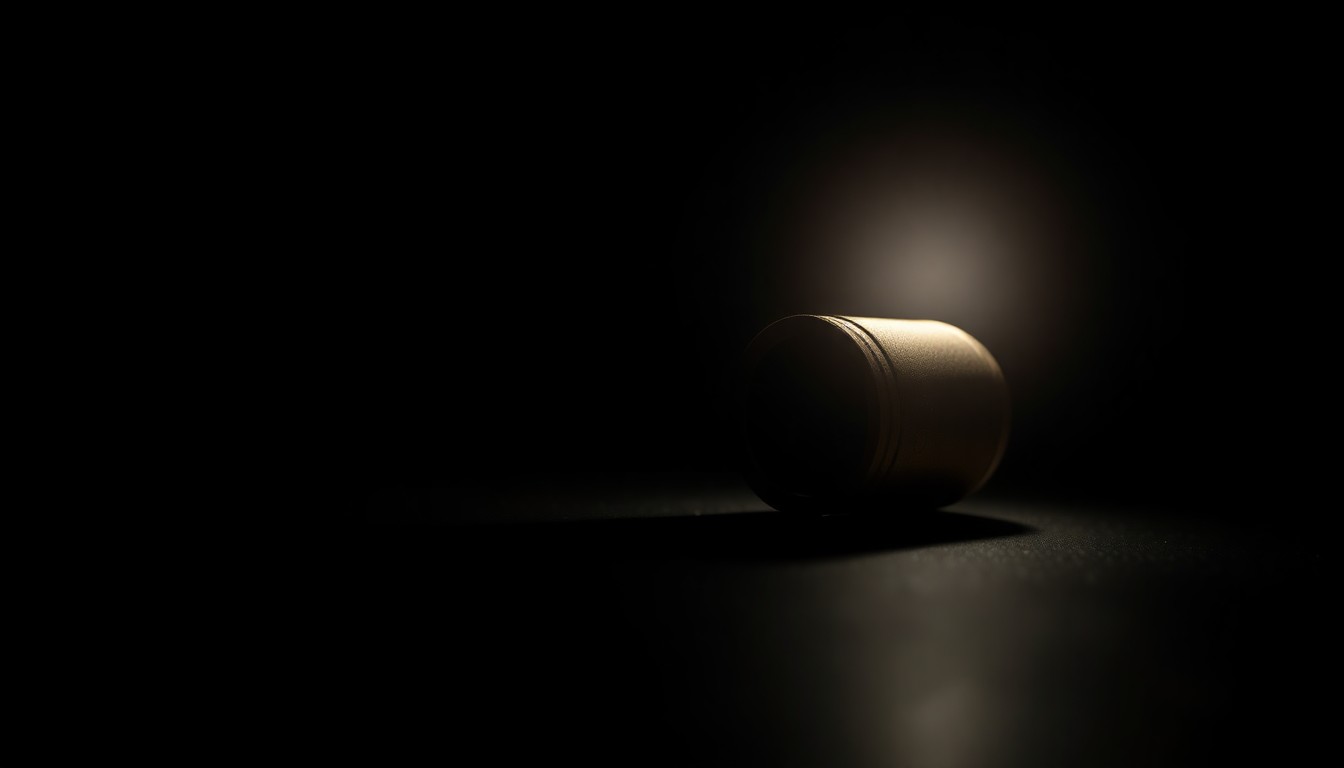 An extreme close-up of a single spent shell casing from a handgun, the metallic surface reflecting the harsh lighting and creating a stark, gritty visual that conceptually represents the investigation into a police shooting incident.