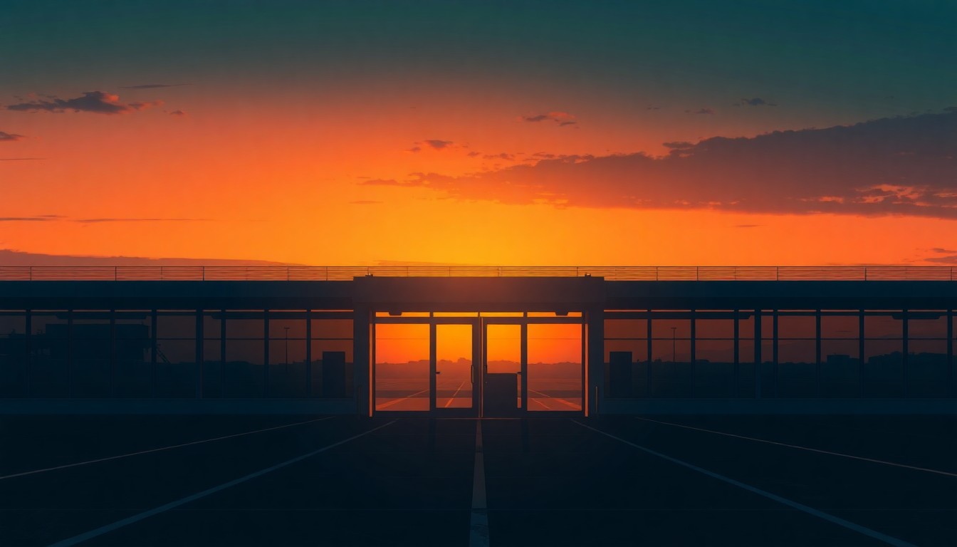 A quiet, cinematic painting of a solitary airport terminal gate at dusk, with warm, diagonal sunlight and deep shadows creating a melancholy, isolated mood.