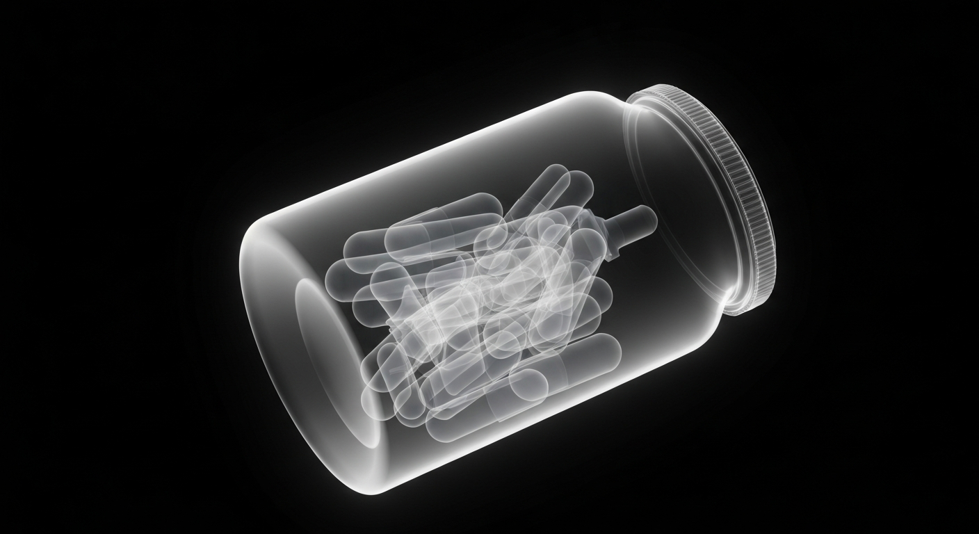 A ghostly, translucent X-ray photograph of a pharmacy pill bottle, revealing its internal structure in glowing lines against a dark background, conceptually illustrating the financial challenges facing independent pharmacies.