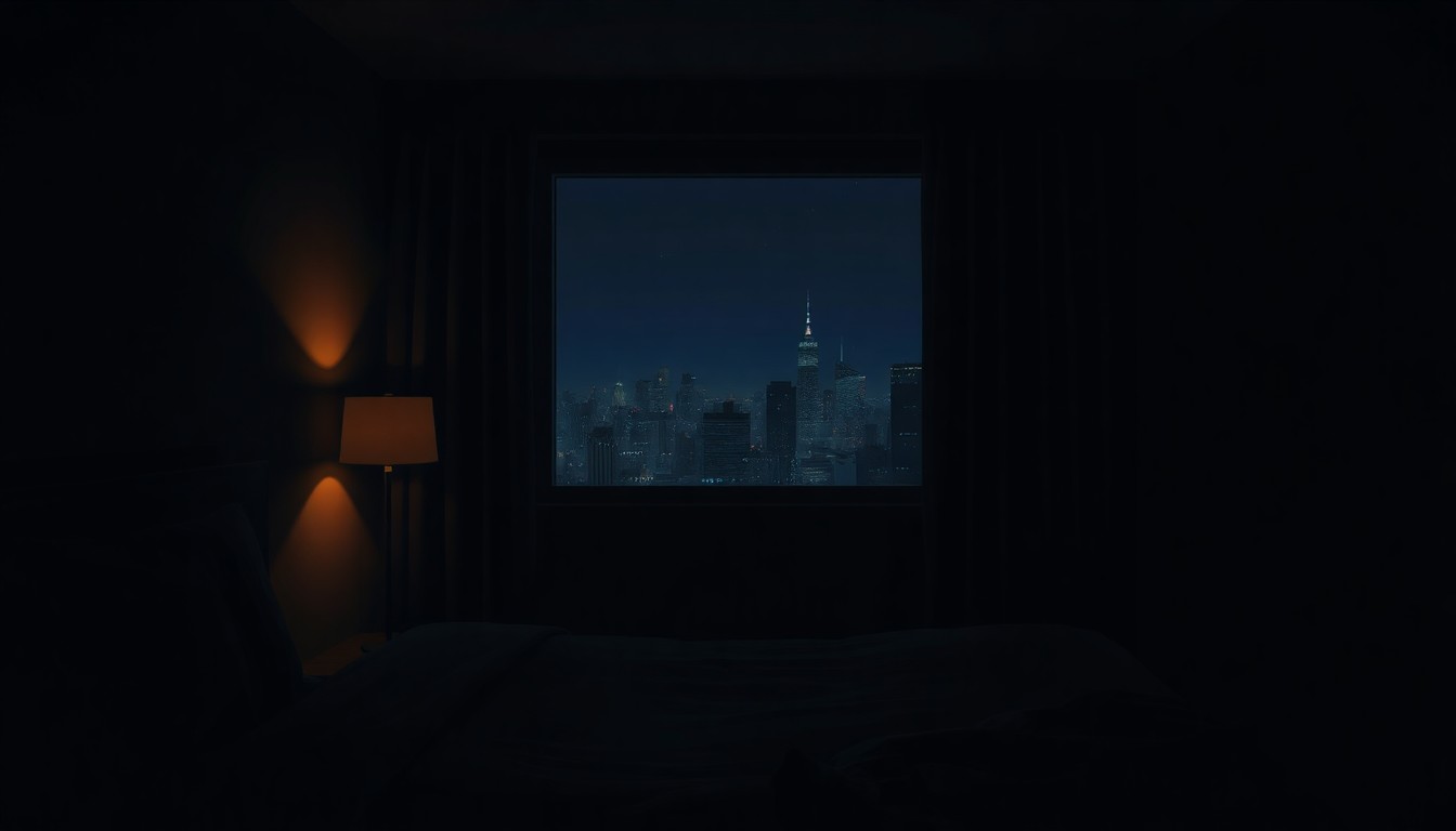 A moody, cinematic painting of a dimly lit hotel room interior with a single window overlooking a city skyline at night, conceptually representing the disturbing revelations about Epstein's activities and their potential ties to powerful political figures.