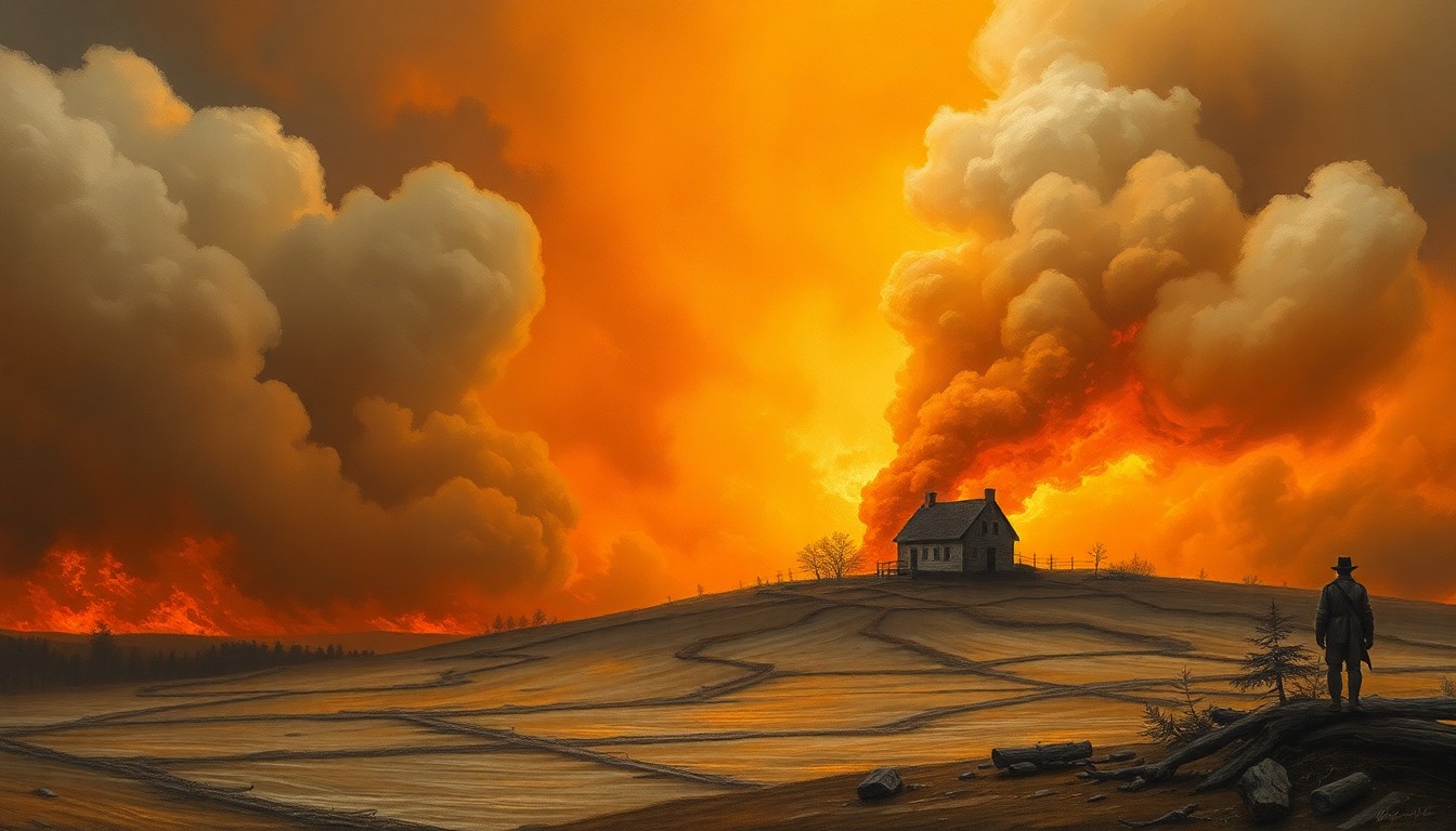 A vast, atmospheric landscape painting depicting a wildfire consuming a small house in the distance, with billowing smoke obscuring the scene and dwarfing the physical structure, conveying a sense of melancholic awe at the overwhelming power of the natural disaster.