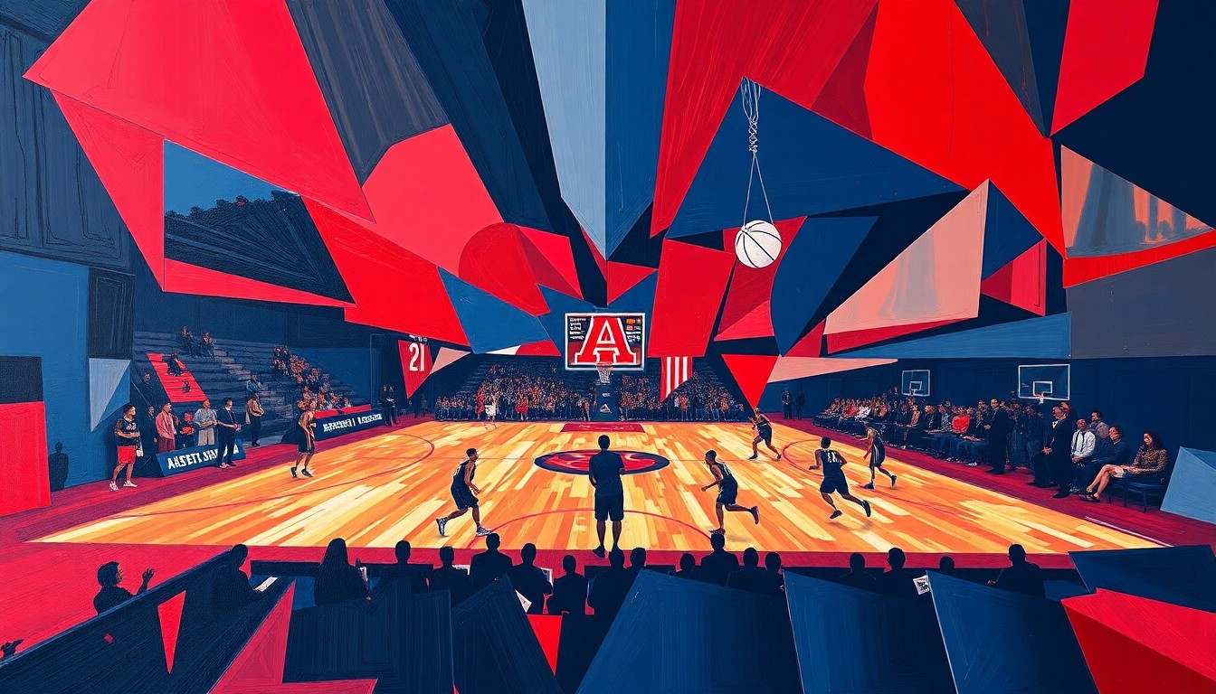 A cubist, geometric painting depicting a basketball game or match, with sharp, overlapping planes of cardinal red and navy blue representing the Arizona Wildcats' colors, conveying the energy and intensity of the sport.