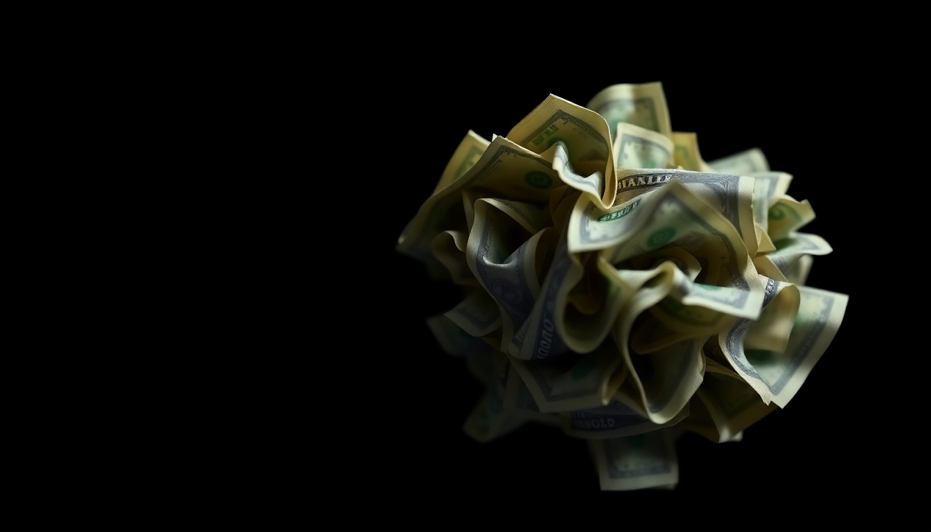 An extreme close-up photograph of a crumpled wad of cash bills against a pitch-black background, lit by a harsh, direct camera flash, conceptually representing the financial impact of a fraud scheme.