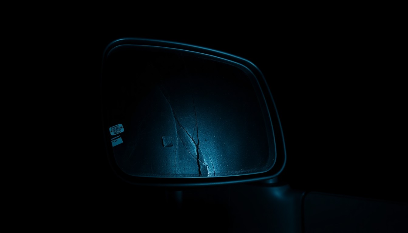 An extreme close-up photograph of a damaged side mirror from a box truck, lit by a harsh, direct camera flash against a pitch-black background, creating a stark, gritty, investigative aesthetic.