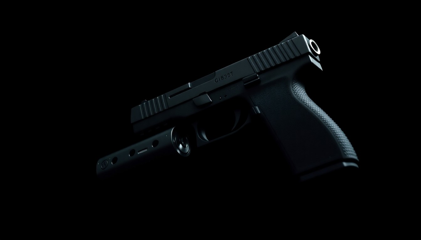 An extreme close-up photograph of a handgun with an illegal high-capacity magazine, lit by a harsh flash against a dark background, conveying a stark, gritty, investigative mood.