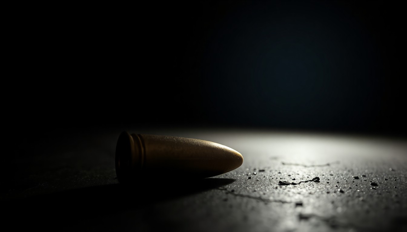 An extreme close-up photograph of a spent shell casing on a dark surface, capturing the gritty, investigative aesthetic of the crime scene.