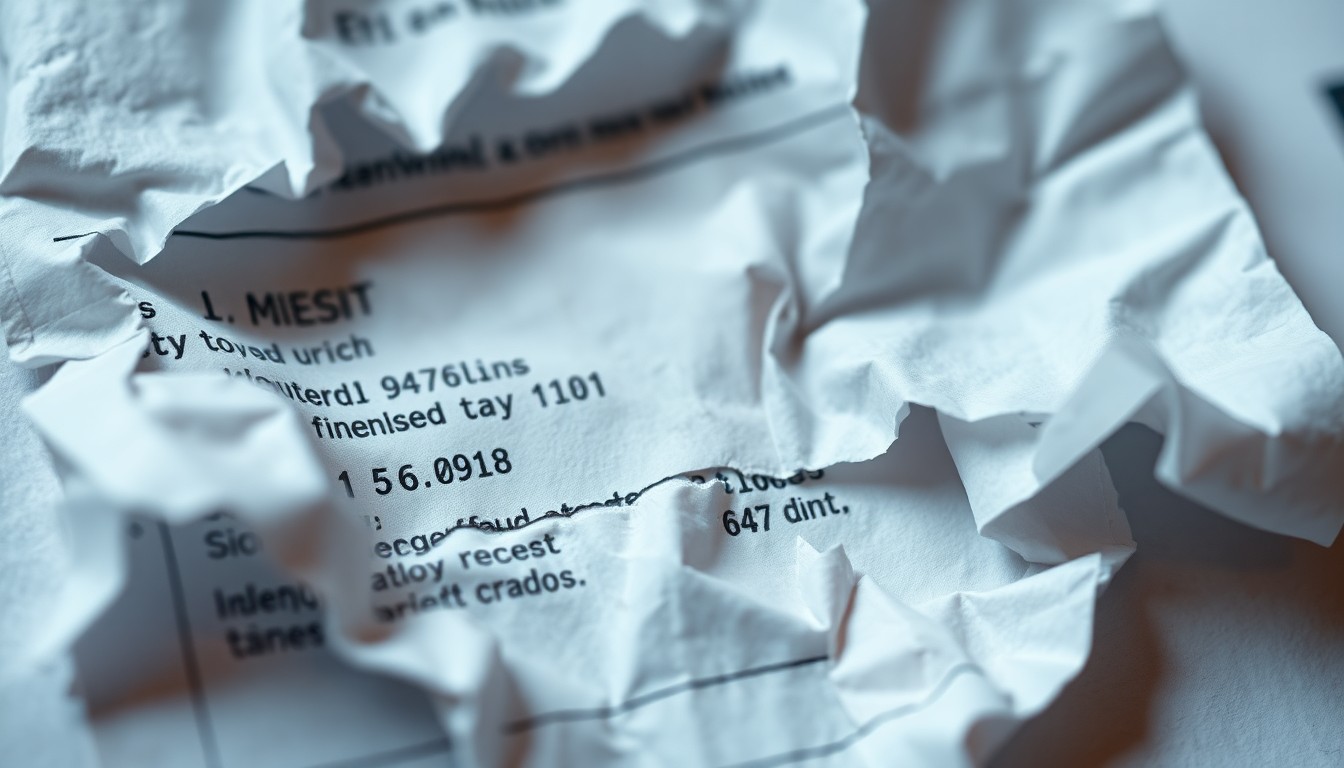 An extreme close-up photograph of a crumpled, torn bank receipt with a faint reflection of a hand, conceptually illustrating the aftermath of identity theft and financial fraud.