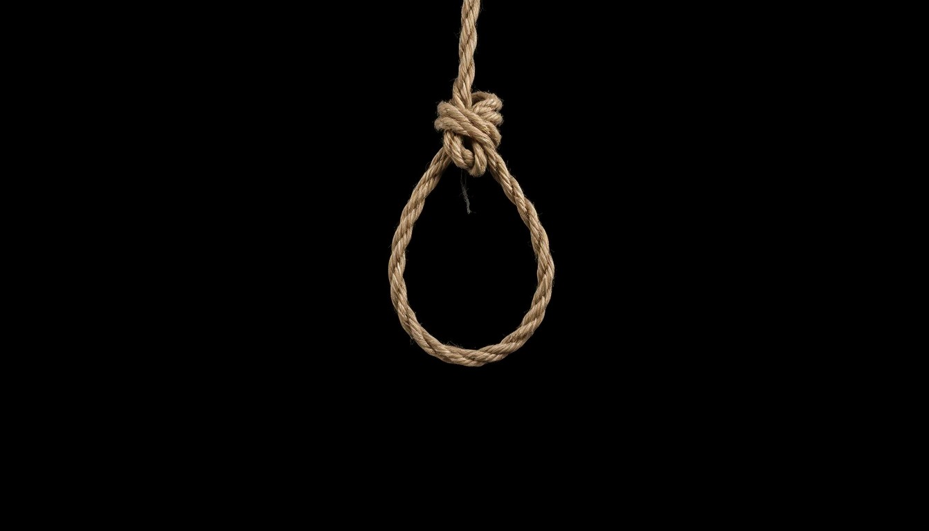 An extreme close-up photograph of a rope noose against a pitch-black background, conveying the serious, investigative nature of this incident without depicting any graphic details.