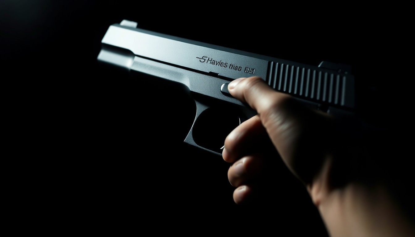 An extreme close-up photograph of a handgun grip and trigger, lit by a harsh, direct camera flash against a pitch-black background, conceptually illustrating the investigative nature of a firearms-related crime.