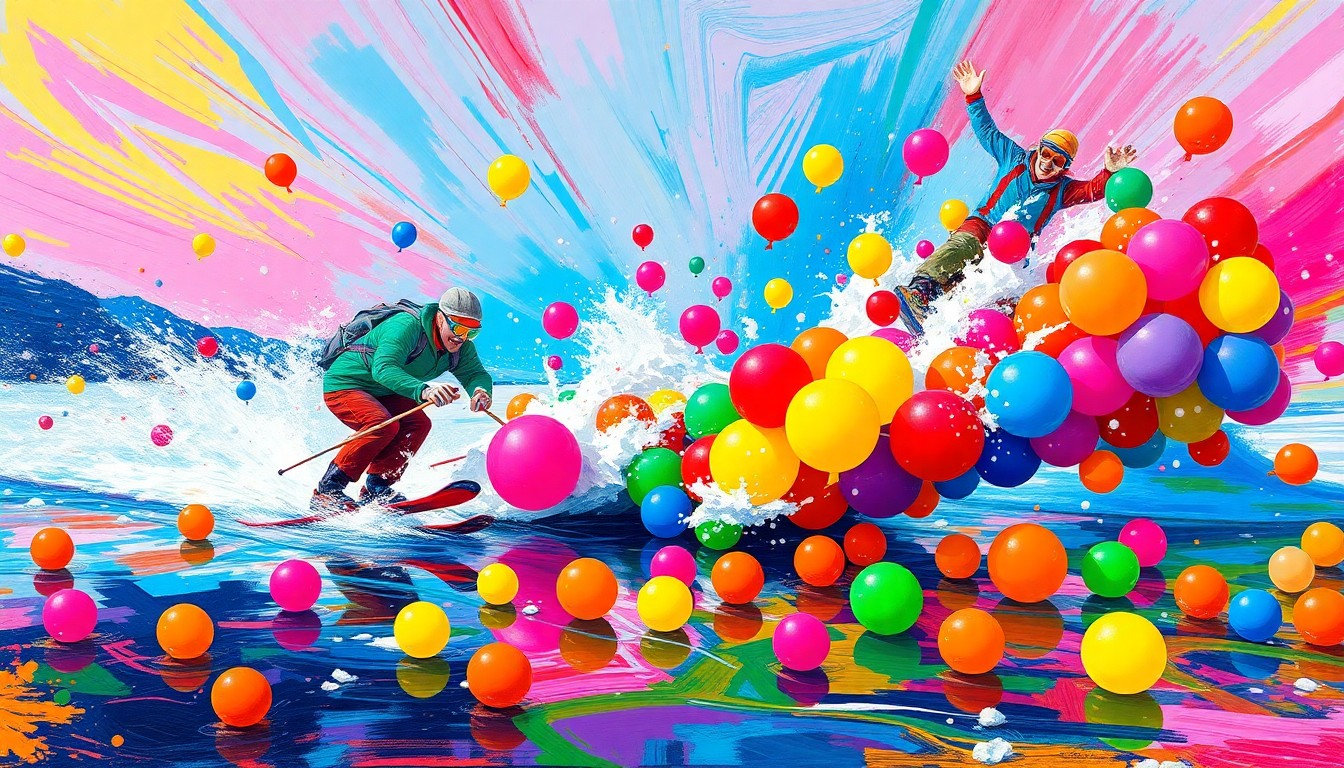 An abstract, expressionist painting featuring vibrant brushstrokes of neon colors capturing the dynamic movements and splashing of skiers and snowboarders attempting to skim across a pond filled with colorful balloons.