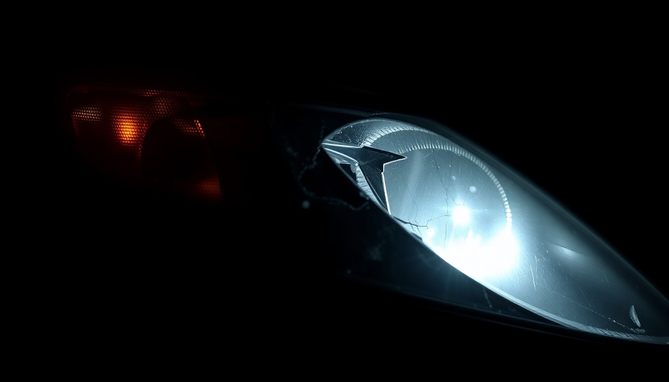 An extreme close-up photograph of a damaged car part, such as a broken side mirror or cracked headlight lens, lit by a harsh, direct camera flash against a pitch-black background, conceptually illustrating the violence and sudden impact of a hit-and-run collision.
