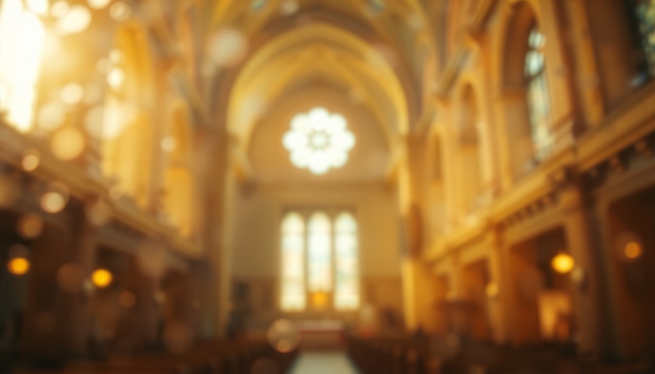 An abstract, impressionistic scene of a church interior, with soft, blurred pools of warm light and color creating a contemplative, serene atmosphere.
