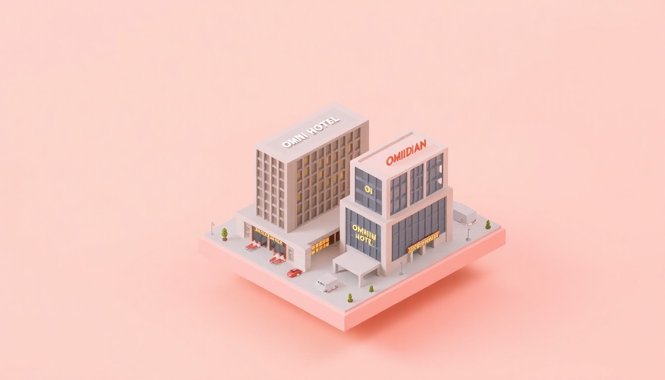 A stylized, isometric 3D illustration depicting a modern hotel and convention center complex, with bold colors, clean lines, and dramatic lighting to convey the concept of a premium hospitality and event destination.
