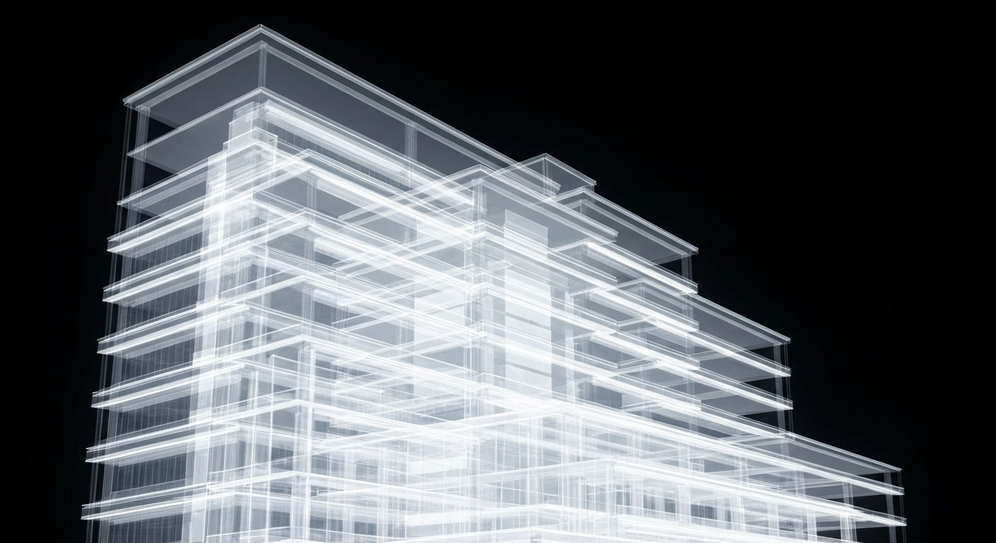 A ghostly, translucent X-ray photograph revealing the internal structure of a hospital building, with its walls and floors appearing delicate and fragile against a dark background, conceptually representing the precarious state of healthcare facilities facing budget cuts.