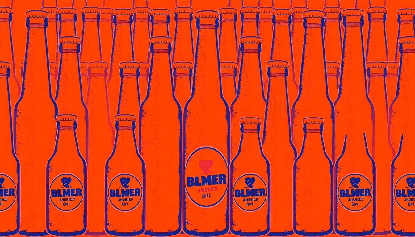 A bold, colorful silkscreen-style illustration featuring a repeating pattern of a single iconic beer bottle or can in a grid, using a vibrant neon color palette and heavy black outlines to transform the everyday beer product into a modern pop art piece.