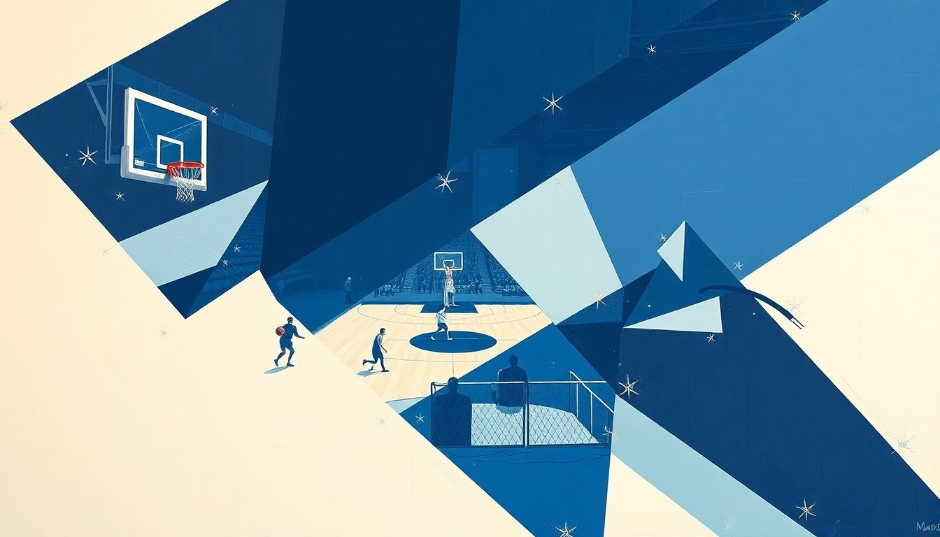 A cubist, geometric illustration depicting the action of a college basketball game, with sharp, overlapping shapes and planes in shades of blue, representing the complex and multifaceted nature of the Tar Heels' coaching search.