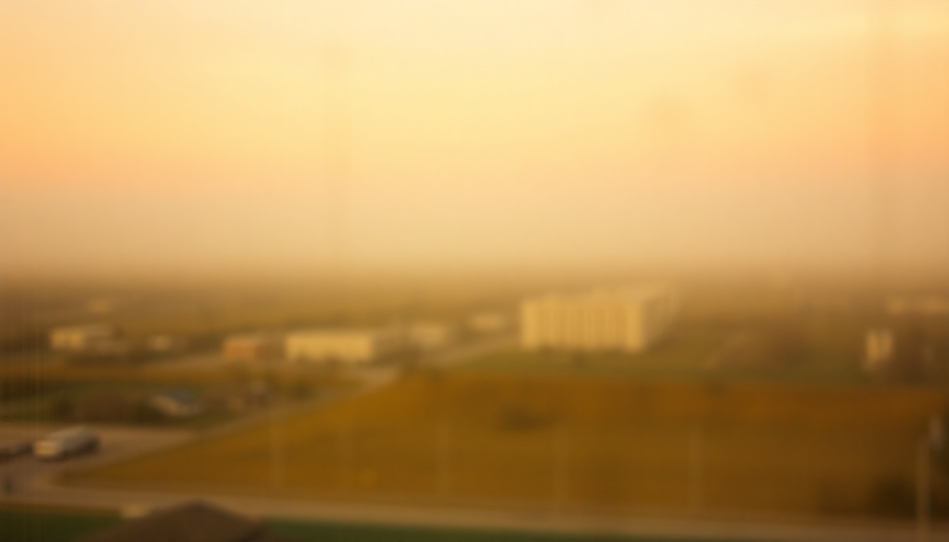 An impressionistic, out-of-focus scene depicting the faint silhouette of a small town's skyline, with buildings and structures blending into soft, warm-toned washes of color, conceptually representing the population declines affecting certain communities in North Dakota.