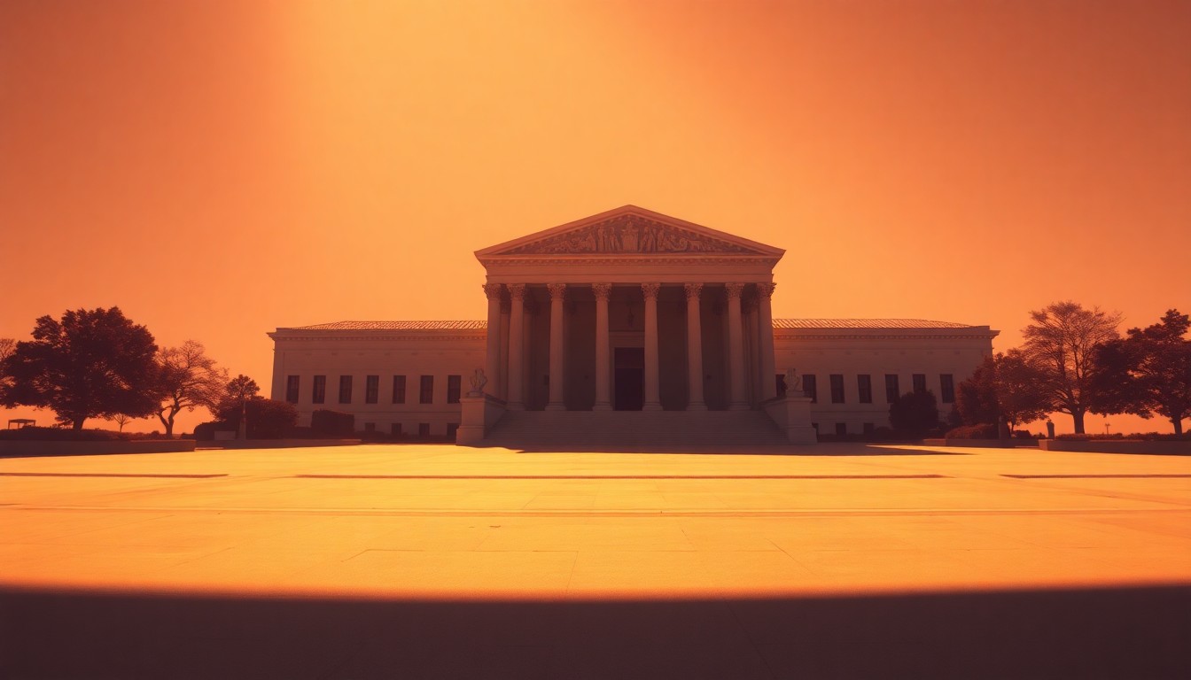 A photorealistic painting of the Supreme Court building in Washington, D.C. rendered in the style of Edward Hopper, with the structure bathed in warm, dramatic lighting and deep shadows, conveying a sense of institutional solemnity and quiet contemplation.
