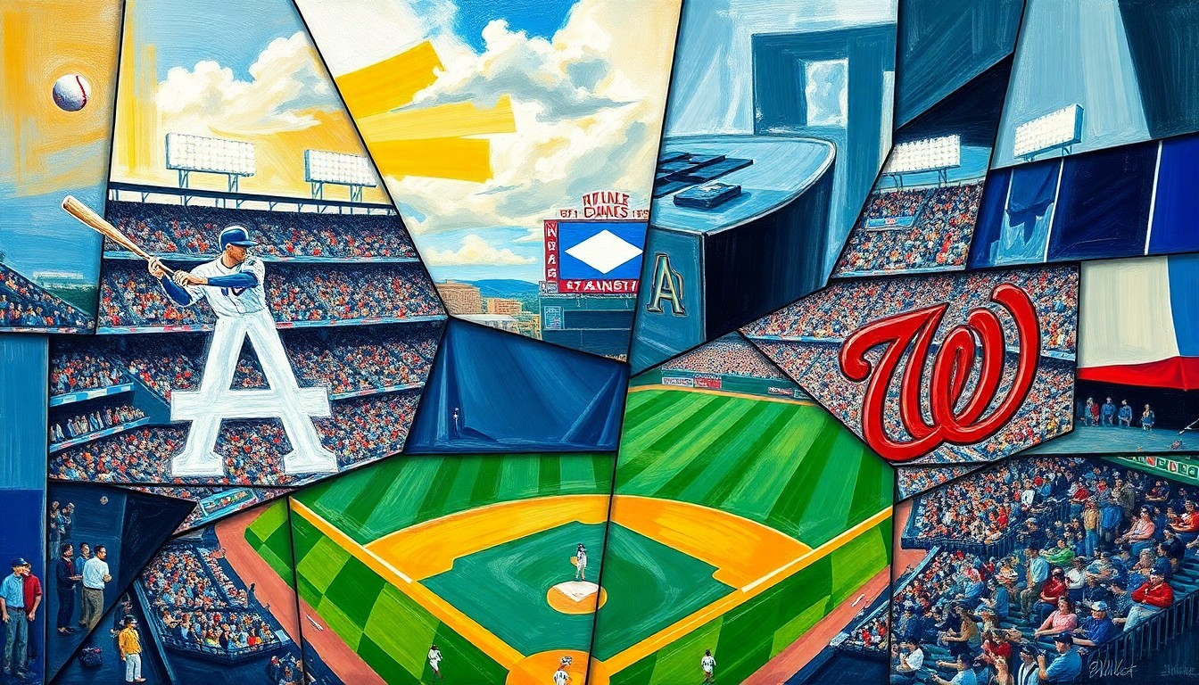 A cubist-style painting depicting a baseball game, with the players and field broken down into fragmented geometric shapes and planes of color, conveying the intensity and competitive nature of the matchup between the Dodgers and Nationals.