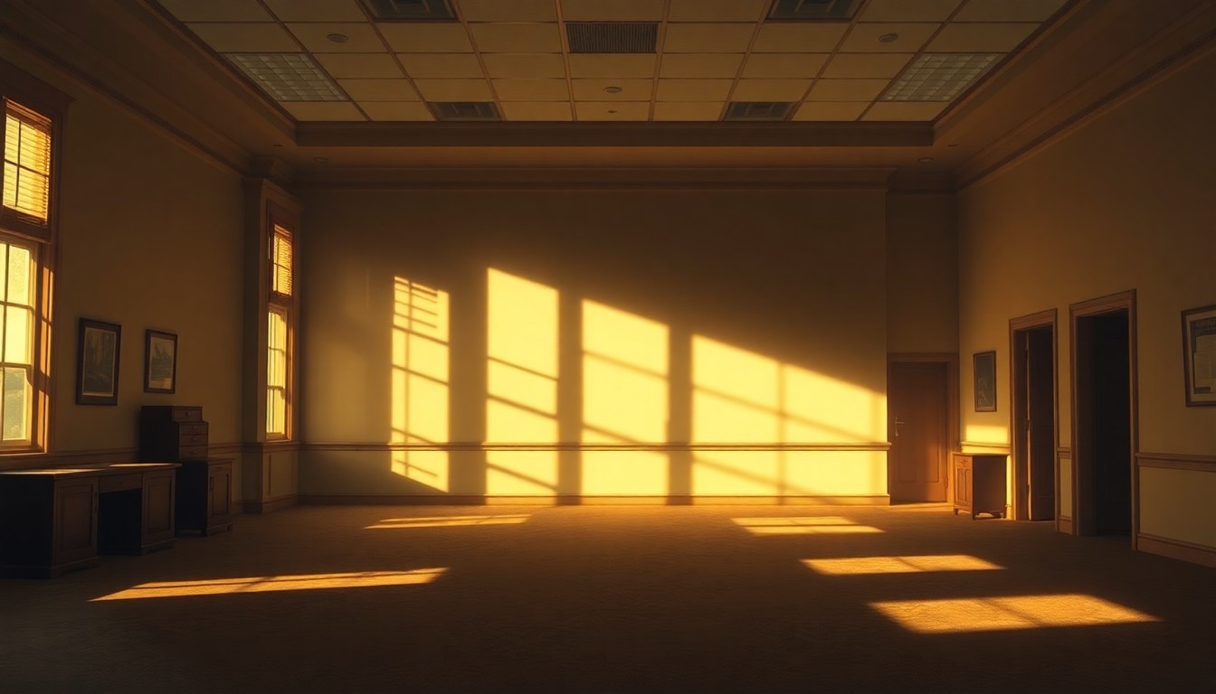 A dimly lit, cinematic painting of an empty government office space, with sunlight streaming in through the windows and casting long shadows across the room, creating a sense of tension and unease around the political process.