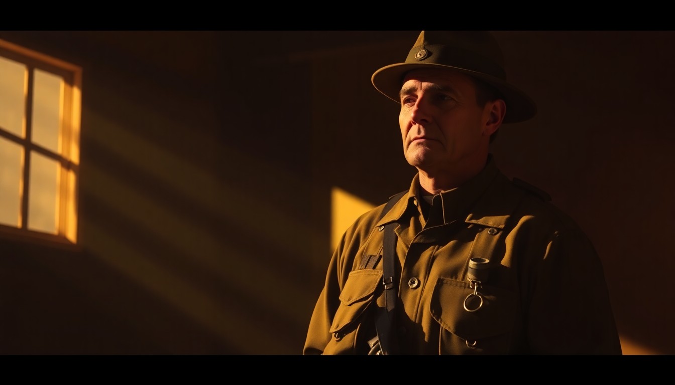 A detailed, textured painting of a Choctaw code talker's uniform and equipment, bathed in warm, cinematic lighting and shadows, conceptually representing the hidden history and quiet resilience of these Native American soldiers.