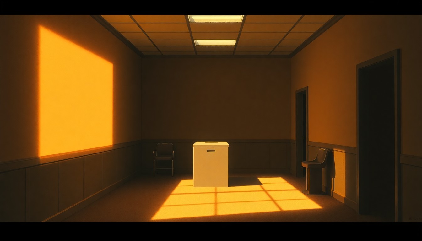 A photorealistic painting of a solitary metal ballot box sitting on a wooden desk in a dimly lit government office, with warm diagonal sunlight and deep shadows creating a contemplative, nostalgic mood.