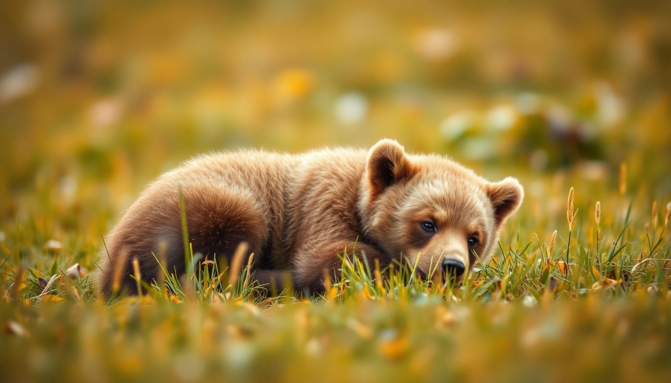An abstract, impressionistic photograph depicting a blurred, dreamlike scene of a bear cub resting in a grassy meadow, surrounded by soft, warm tones that evoke a sense of natural tranquility.