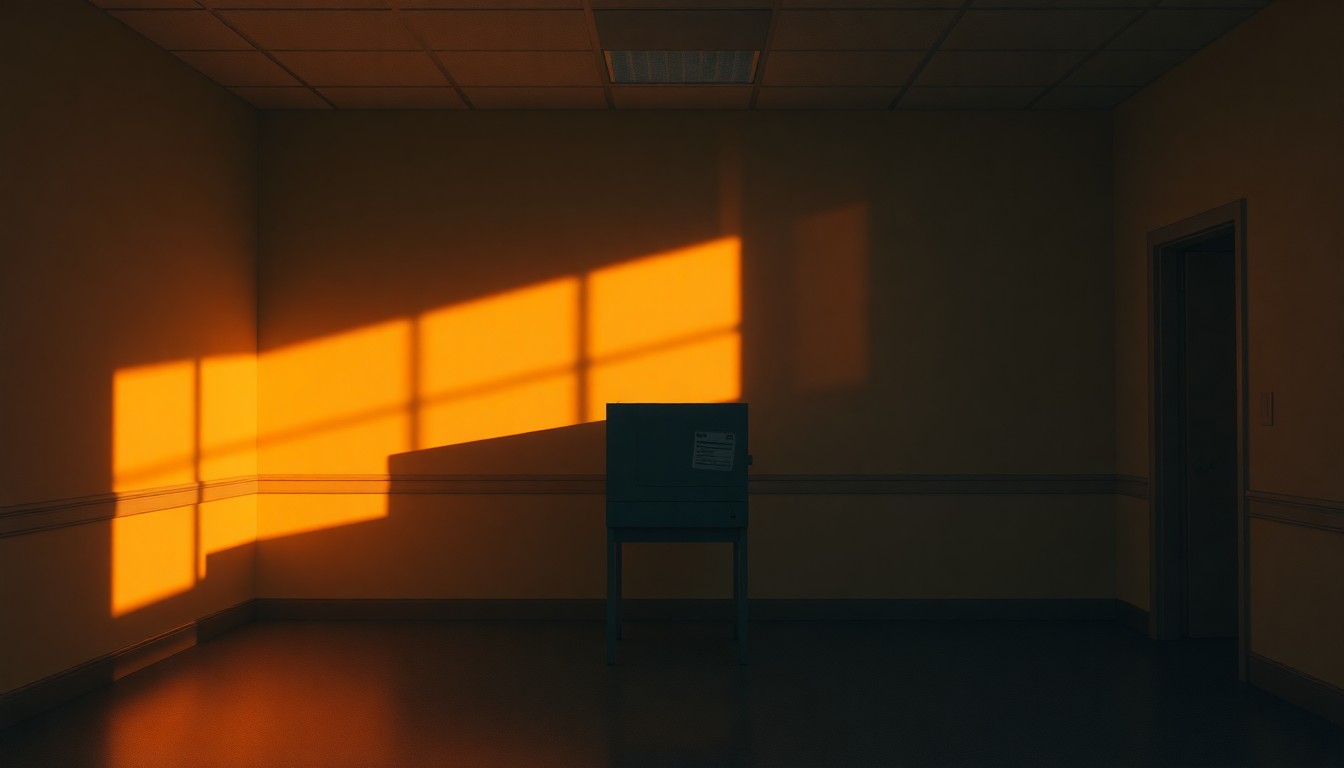 A photorealistic painting of a lone voting machine sitting in an empty government office, with warm sunlight streaming in through a window and deep shadows covering the rest of the room, creating a sense of solitude and unease.