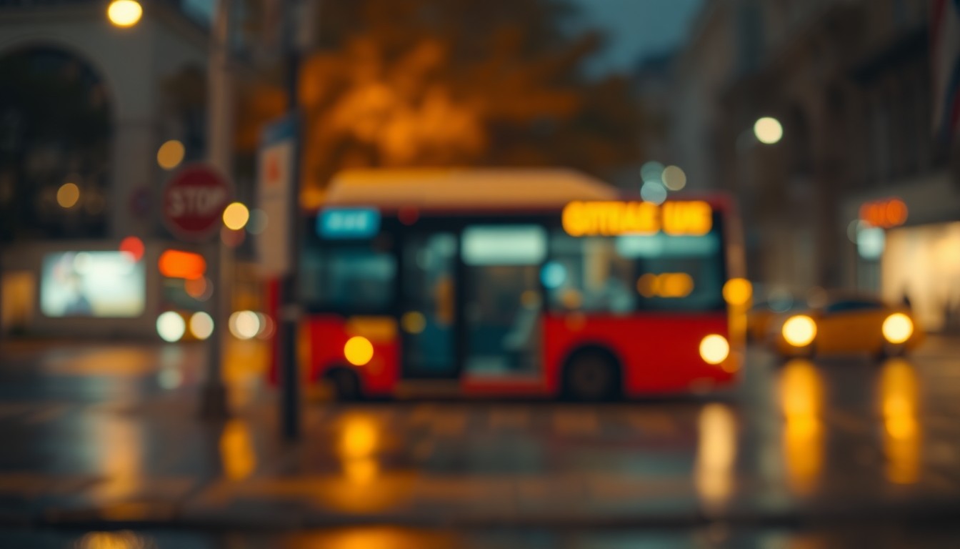 An abstract, impressionistic scene of a city bus stop at night, with soft, blurred pools of warm light reflecting off the wet pavement, creating a dreamlike, atmospheric quality.