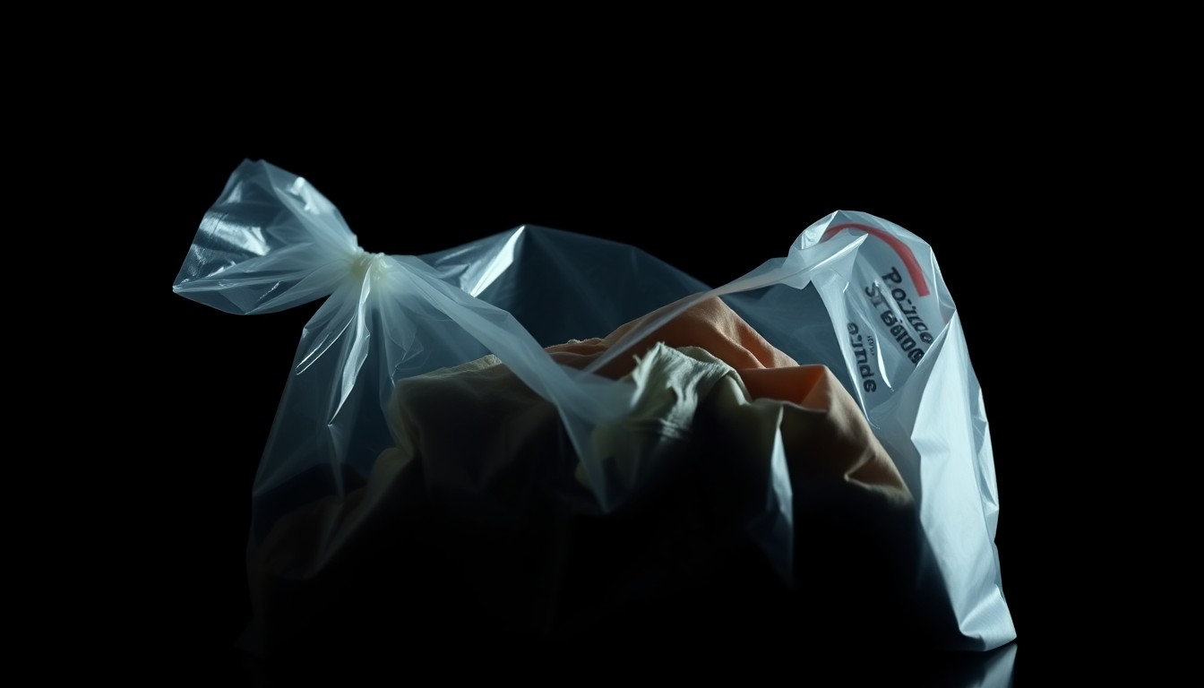 An extreme close-up photograph of a crumpled police evidence bag containing a torn piece of clothing, lit by a harsh, direct camera flash against a pitch-black background, creating a stark, gritty, investigative aesthetic.