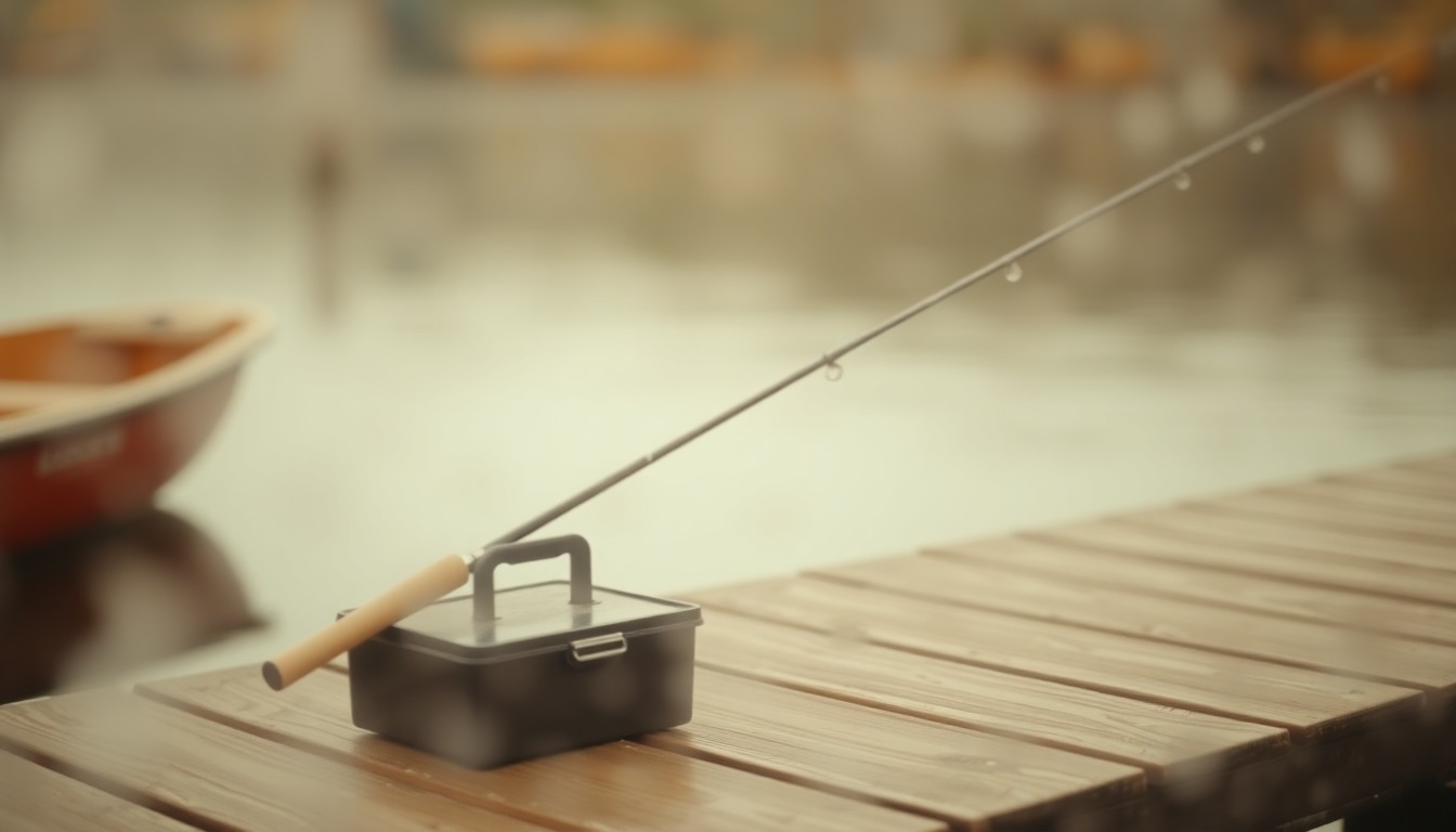 An extremely blurred, impressionistic photograph of a fishing rod and tackle box resting on a wooden dock, conveying a sense of tranquility and nostalgia associated with Elaine Reed Grice's life and interests.