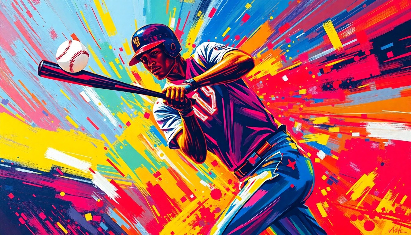 An abstract, energetic painting in vibrant neon colors, capturing the raw power and emotion of Shohei Ohtani's game-tying home run, with the batter's silhouette dissolving into a blur of motion and the baseball exploding in a burst of light.