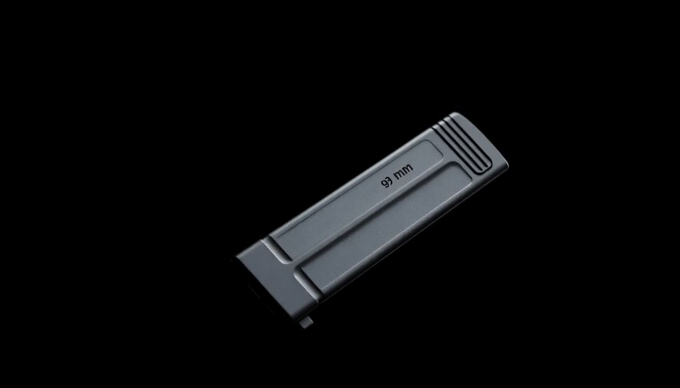 An extreme close-up photograph of a 9mm handgun magazine against a pitch-black background, lit by a harsh, direct camera flash, conceptually illustrating the threat of firearms in schools.