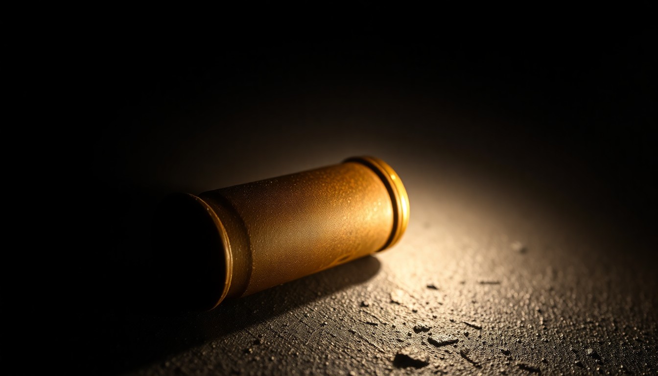 An extreme close-up of a spent shell casing reflecting a harsh, direct camera flash, conceptually illustrating the aftermath of a shooting incident.