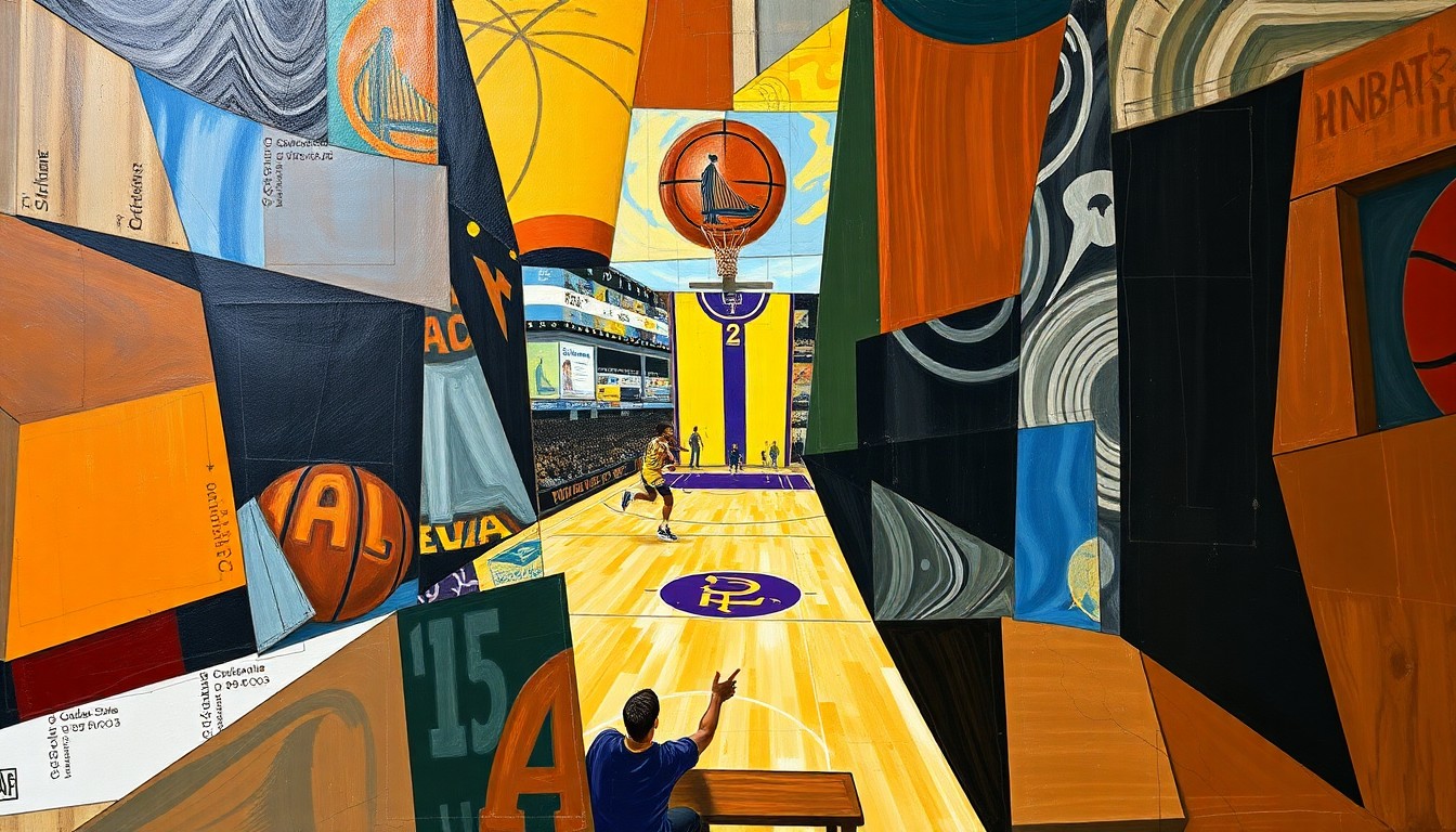 A fragmented, geometric painting depicting a basketball game or match, with sharp, overlapping planes of color and form representing the dynamic action and tension on the court.