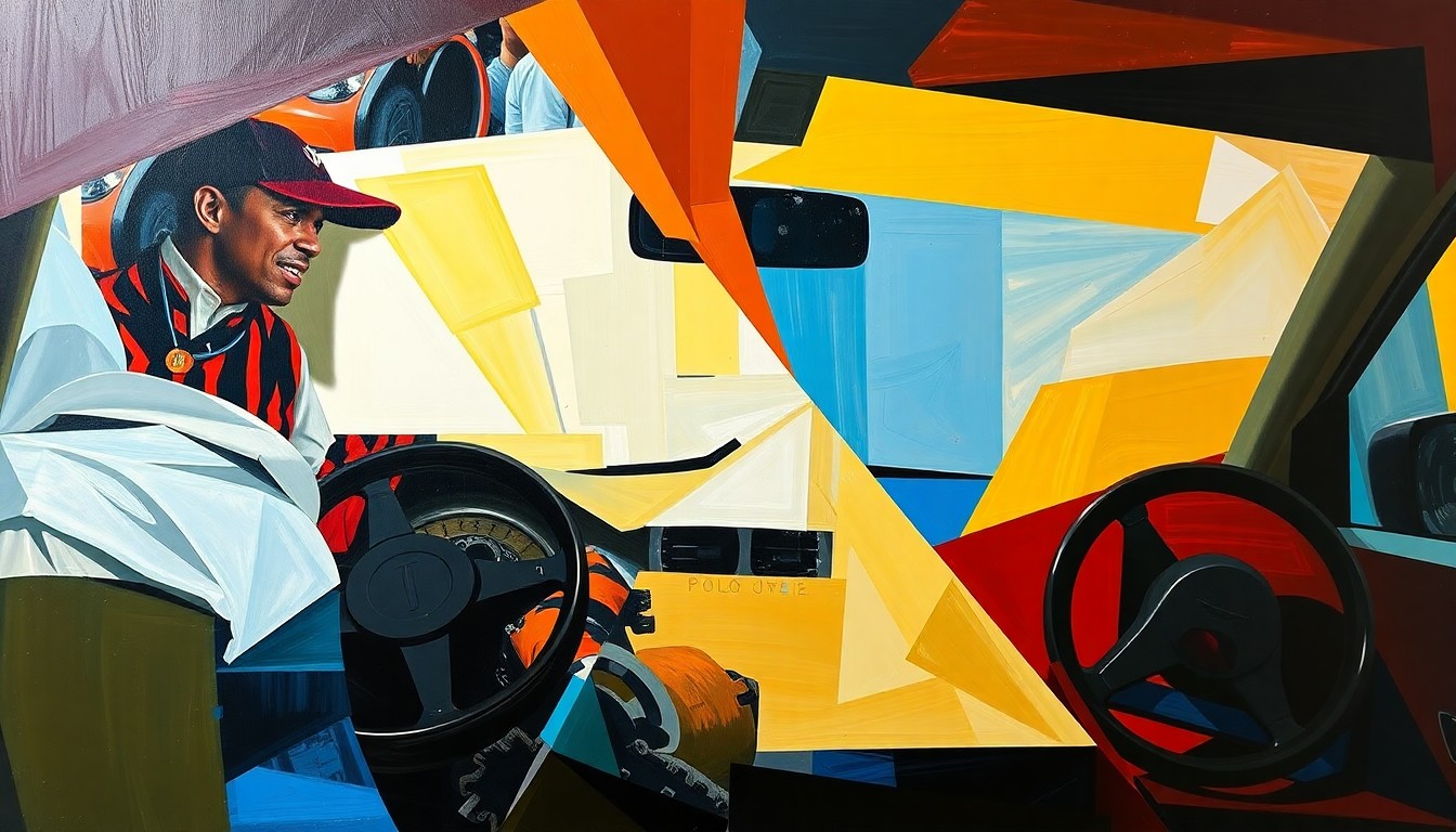 A fragmented, geometric painting depicting the Tiger Woods car crash incident from multiple angles, with sharp lines and planes of color representing the chaos and confusion of the event.
