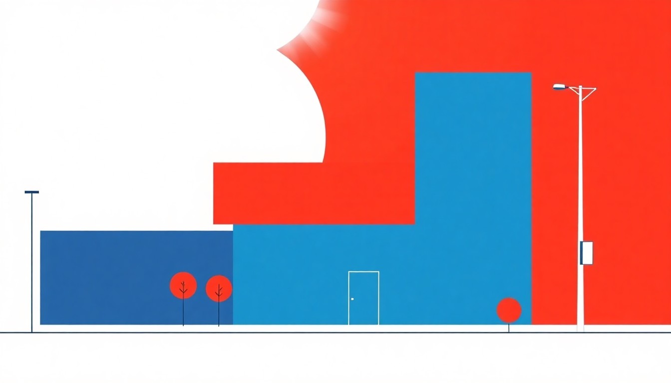 An abstract composition of overlapping triangles and rectangles in shades of blue, red, and yellow, conveying the concept of rising unemployment through the use of bold, minimalist shapes and colors.