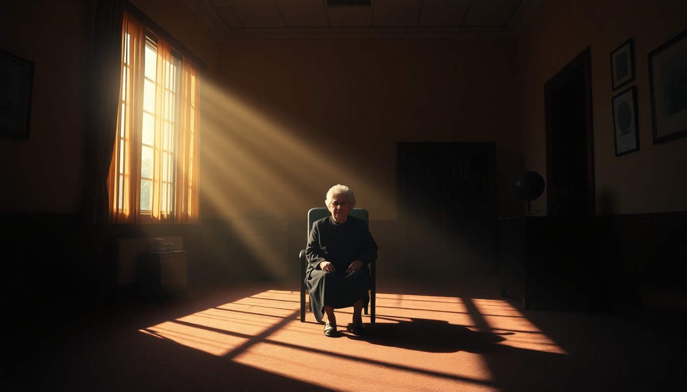 A softly lit, cinematic painting of an elderly woman sitting alone in a government office, her face partially obscured by shadow, conveying a sense of quiet dignity and resilience.