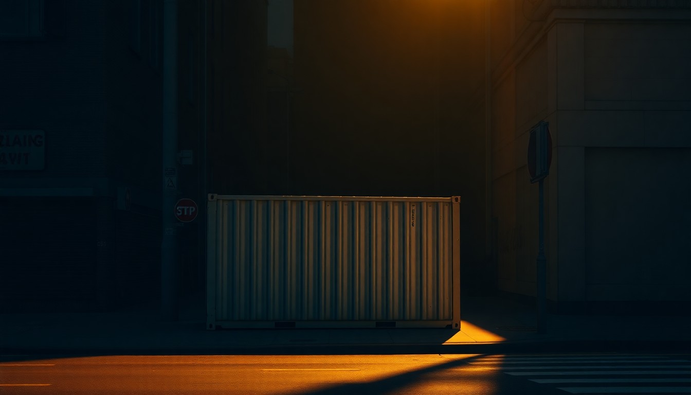 A cinematic painting of a lone metal shipping container on a shadowy urban street, conveying a sense of isolation and economic nationalism.