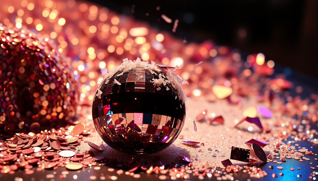 An extreme close-up photograph of shimmering sequins and shattered glass, capturing the luxurious, high-energy atmosphere of a glamorous benefit event.