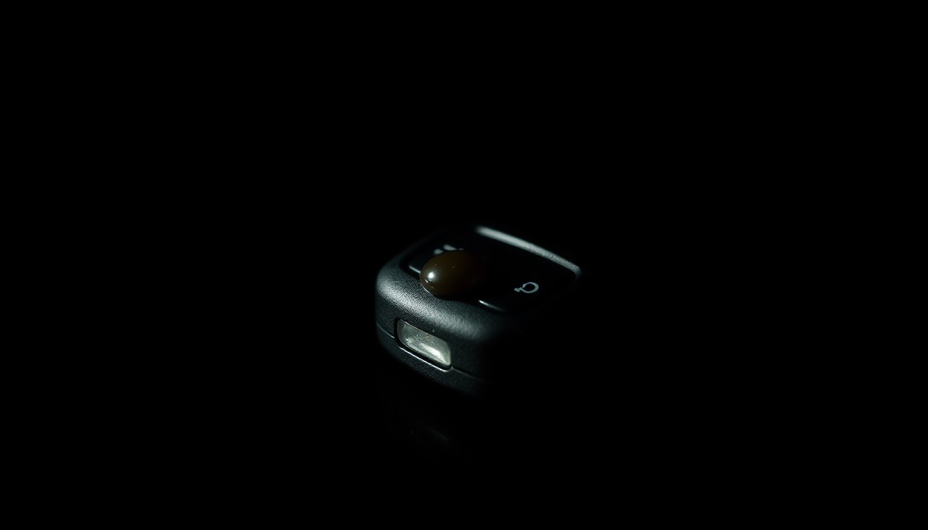 An extreme close-up photograph of a car key fob with a small drop of liquid on it, shot against a pitch-black background and lit by a harsh, direct camera flash, conceptually representing the evidence collected in DUII cases.
