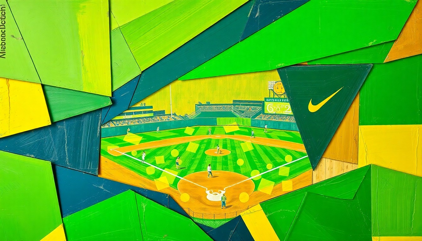 A cubist-style painting featuring sharp, overlapping geometric shapes in bright green, navy blue, and gold, conceptually representing the dynamic action of a college softball game.