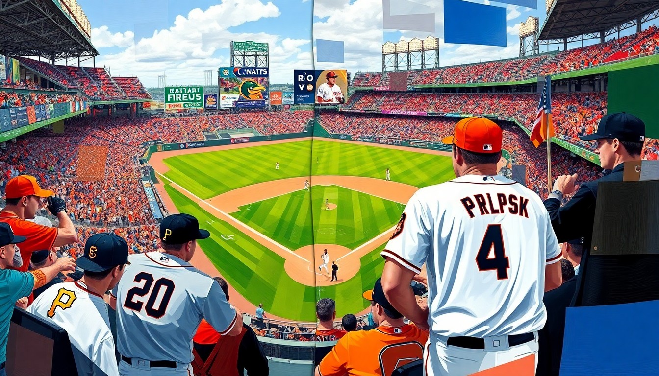 A fragmented, geometric painting in bold colors representing a baseball game at PNC Park, with the shapes and planes capturing the dynamic energy of the opening day matchup.