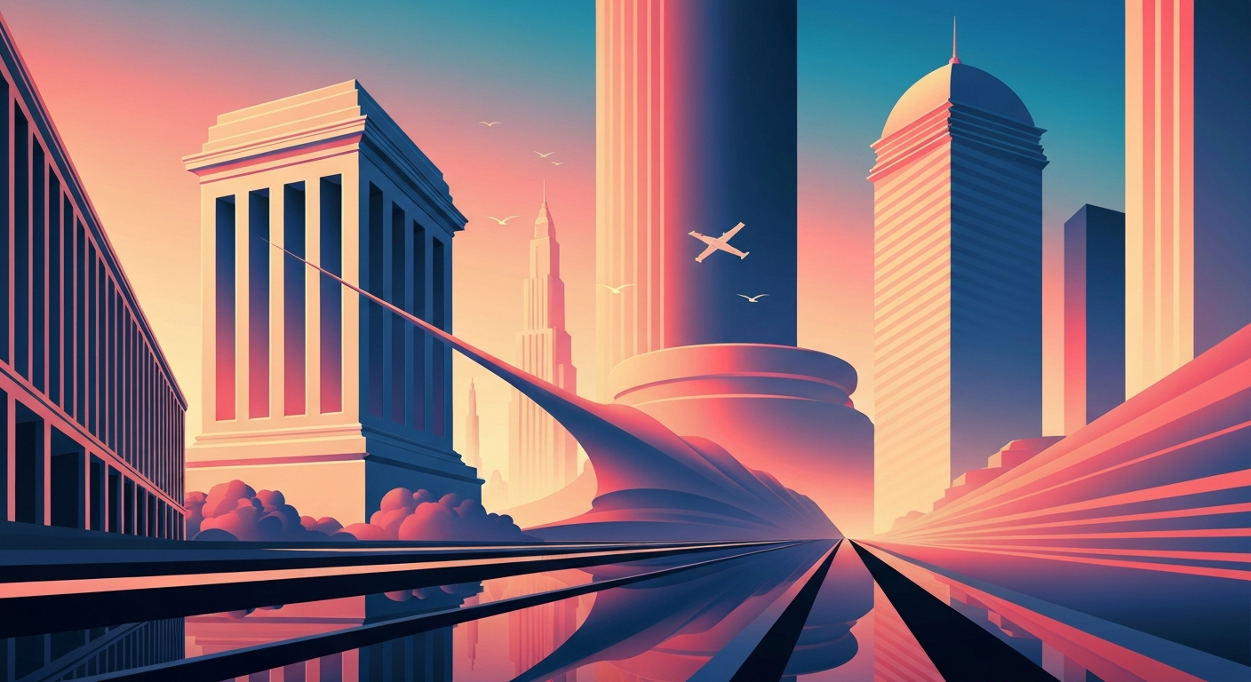 A highly stylized, geometric illustration depicting a towering, streamlined hotel building set against a backdrop of sweeping gradients in shades of blue, green, and gold, capturing the grand scale and modern aesthetic of the new Signature Inn property.